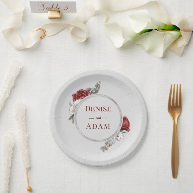 Burgundy Blush & White Roses Silver Foil  Paper Plate (Wedding)