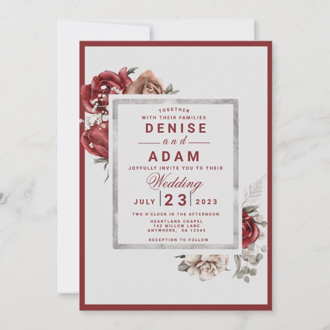 Burgundy, Blush, White Roses Wedding Invitation (Front)