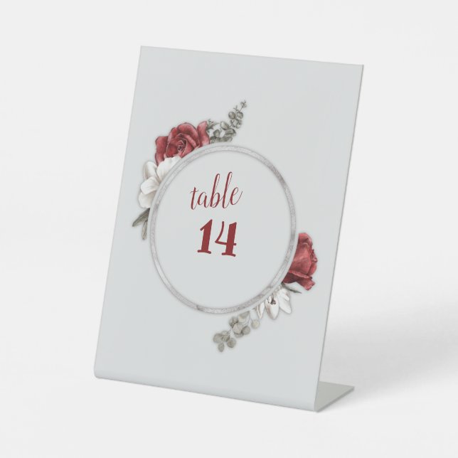 Burgundy, Blush, White Roses Wedding Table Number  Pedestal Sign (Front)
