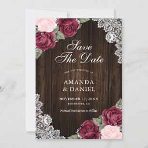 Burgundy Blush Wood Floral Wedding Photo Save The Date