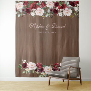 Burgundy Blush Wood Wedding Photo Booth Backdrop Tapestry