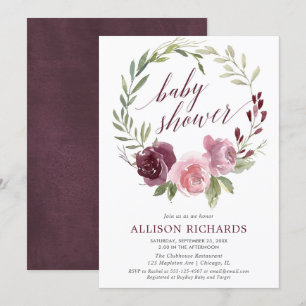 Burgundy blush wreath floral fall girl baby shower invitation