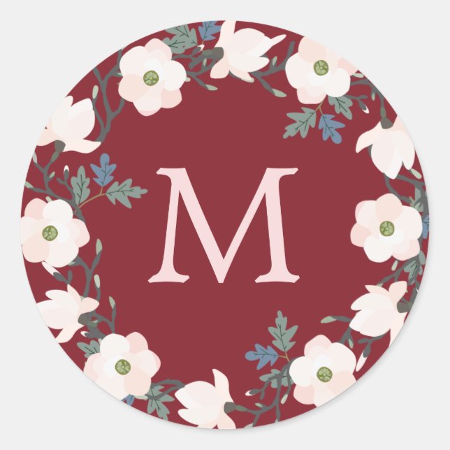 Burgundy Blush Wreath Monogram Christmas Holiday Classic Round Sticker (Front)
