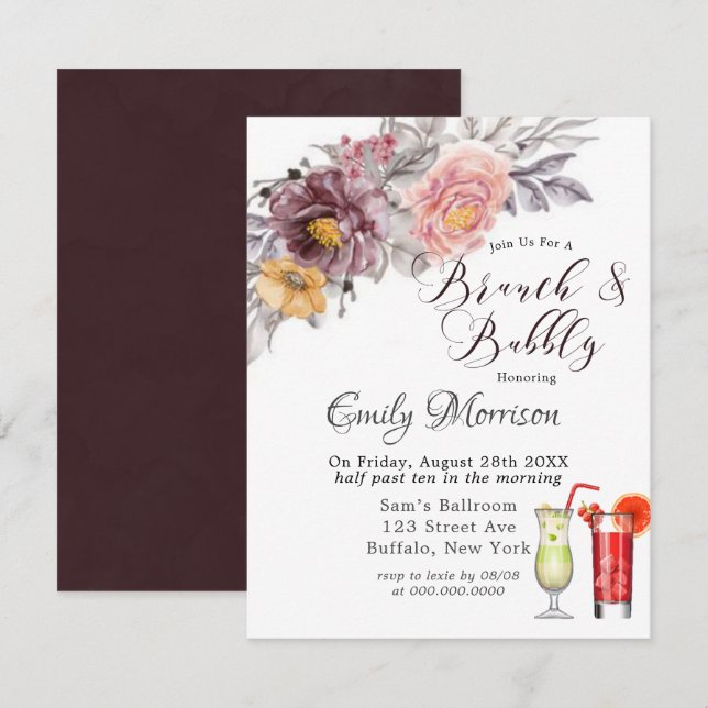 Burgundy Blush Yellow Peonies Brunch & Bubbly  Invitation (Front/Back)