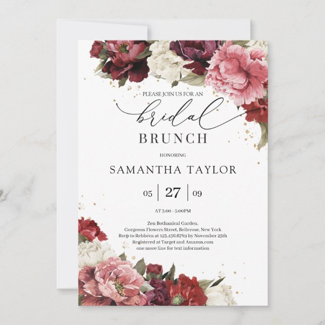 Burgundy blusn mauve roses peonies bridal brunch invitation (Front)