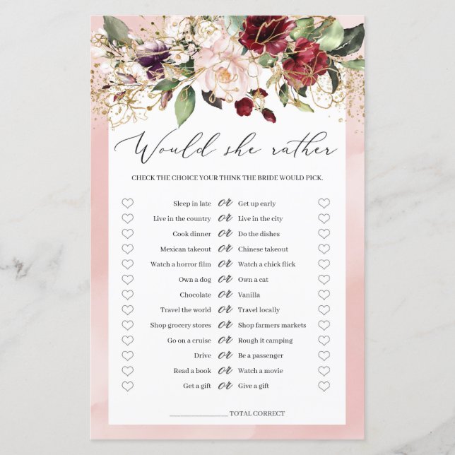 Burgundy Bogo Blush Pink Floral Bridal Shower Game (Front)
