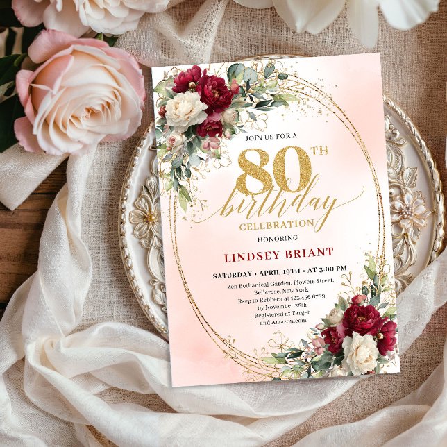 Burgundy Bohemian Chic 80th Birthday Celebration  Invitation (Burgundy Bohemian Chic 80th Birthday Celebration Invite)