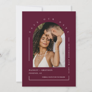 Burgundy Boho Arch Photo QR Code Save Our Date Invitation