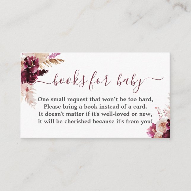Burgundy Boho baby shower girl book card (Front)