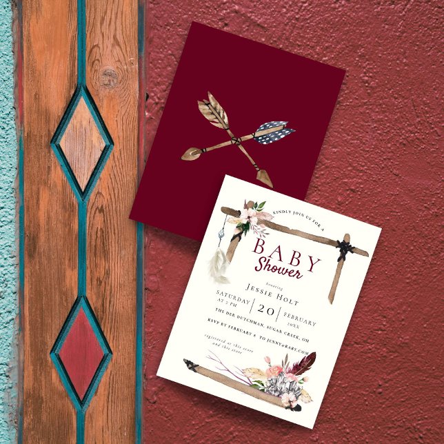 Burgundy Boho BabyShower Invitation (Southwestern themed baby shower is sure to be a hoot.)