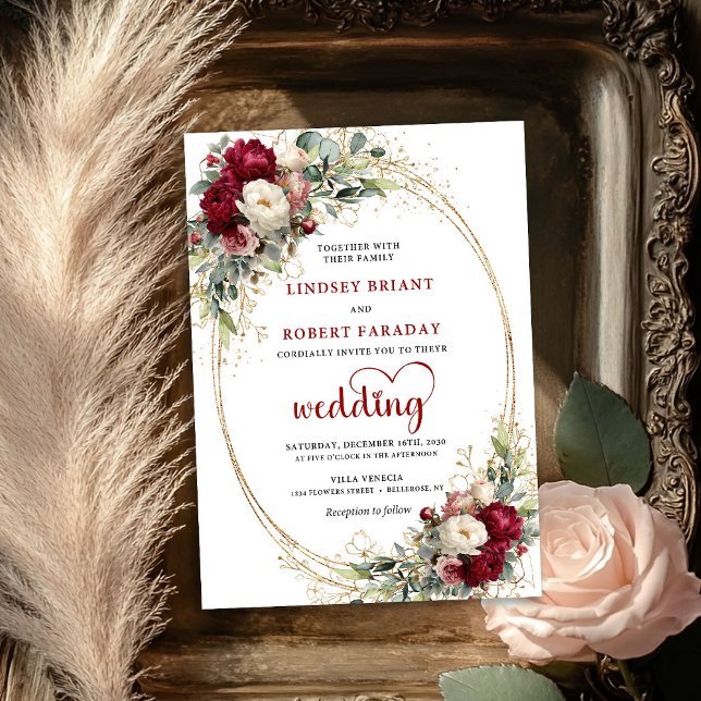 Burgundy Boho Botanical Floral Wedding Invite (Burgundy Boho Botanical Floral Wedding Invite)