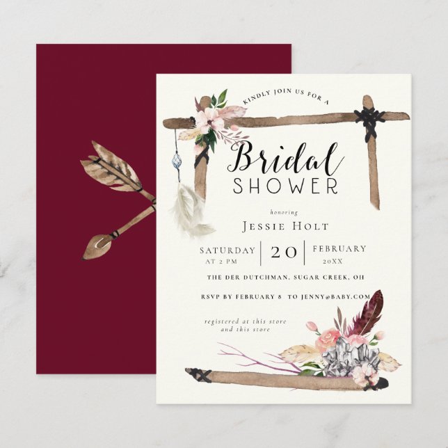 Burgundy Boho Bridal Shower Invitation (Front/Back)