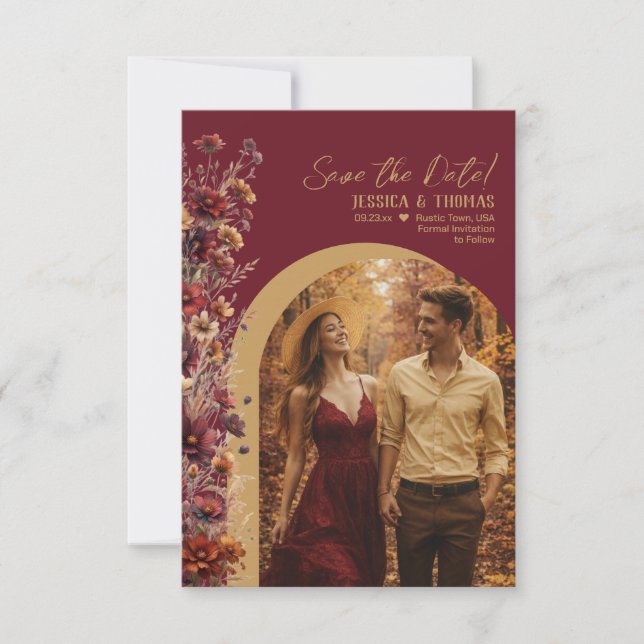 Burgundy Boho Chic Wildflowers Arch Photo Wedding Save The Date (Front)