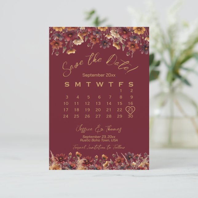 Burgundy Boho Chic Wildflowers Wedding Calendar Save The Date (Standing Front)