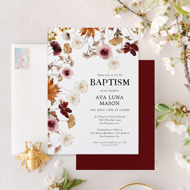 Burgundy Boho Fall Floral Baptism Invitation (Creator Uploaded)