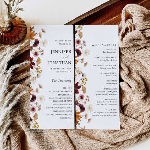 Burgundy Boho Fall Floral Wedding Flat Program Programme