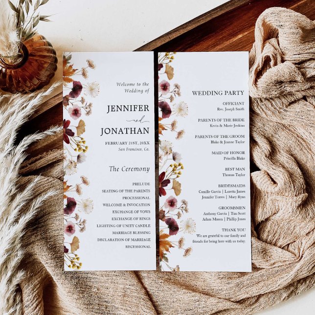 Burgundy Boho Fall Floral Wedding Flat Program Programme (Creator Uploaded)