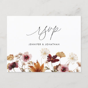 Burgundy Boho Fall Floral Wedding RSVP Post Card