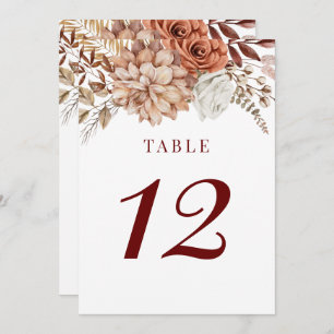 Burgundy Boho Fall Floral Wedding Table Number