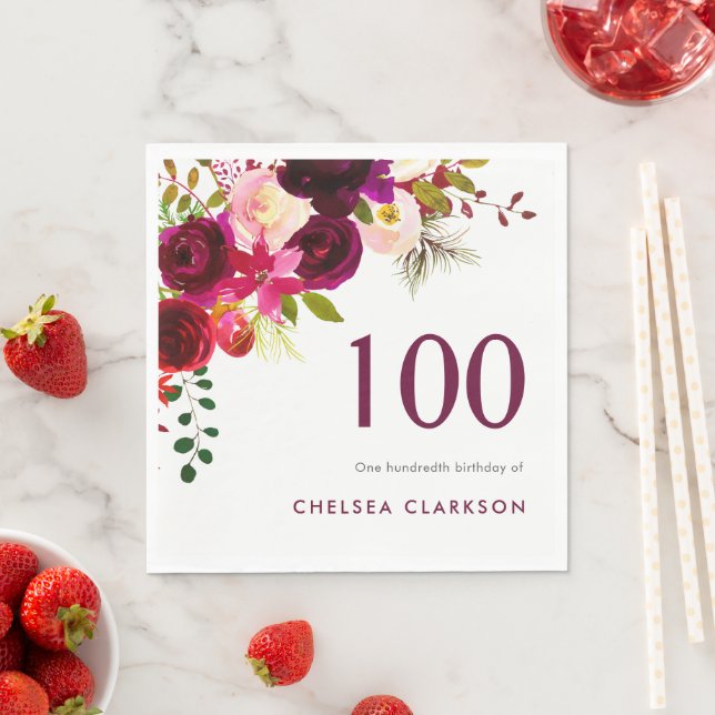 Burgundy Boho Floral 100th Birthday Celebration Napkin (Insitu)