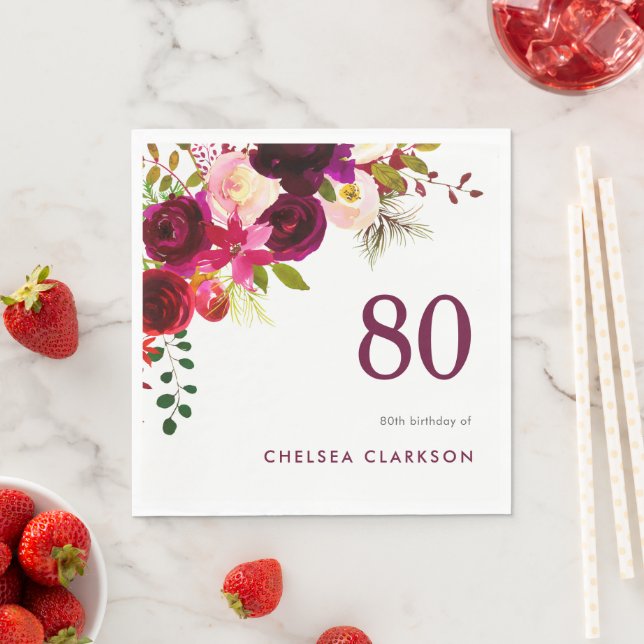 Burgundy Boho Floral 80th Birthday Celebration Napkin (Insitu)