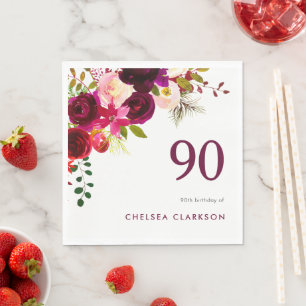 Burgundy Boho Floral 90th Birthday Celebration Napkin