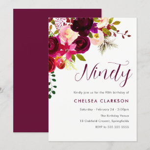 Burgundy Boho Floral 90th Ninetieth Birthday Party Invitation