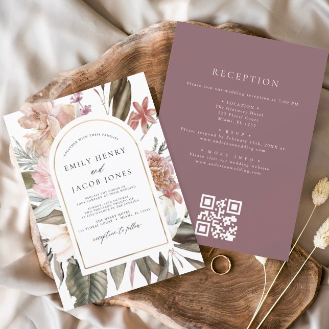 Burgundy Boho Floral All in One QR Code Wedding Invitation (Creator Uploaded)
