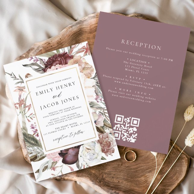 Burgundy Boho Floral All in One QR Code Wedding Invitation (Creator Uploaded)