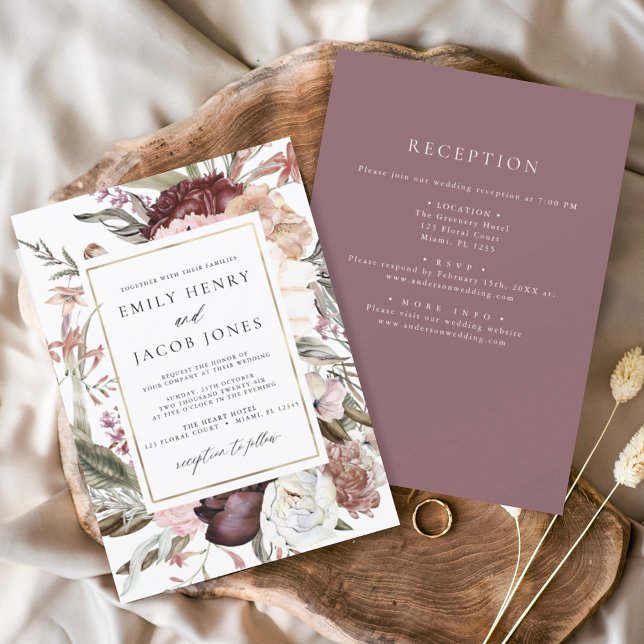 Burgundy Boho Floral All in One Wedding Invitation (Creator Uploaded)