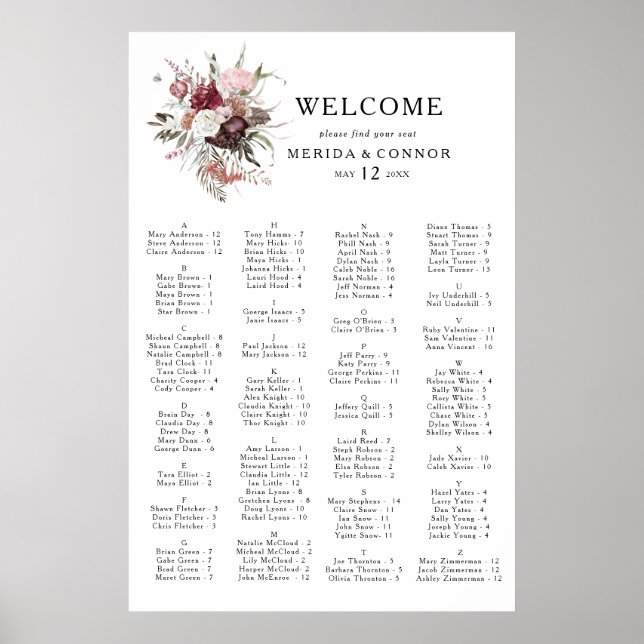 Burgundy Boho Floral Alphabetical Seating Chart (Front)