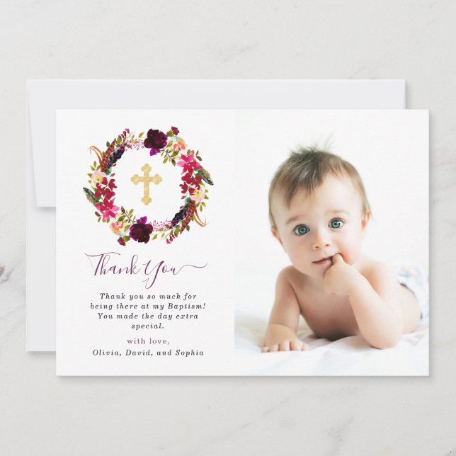 Burgundy Boho Floral and Gold Cross Baptism Photo Thank You Card (Front)