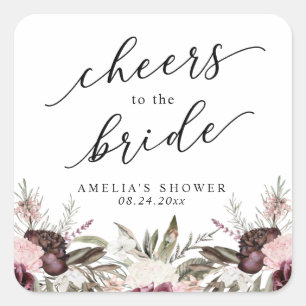Burgundy Boho Floral Bridal Shower Square Sticker
