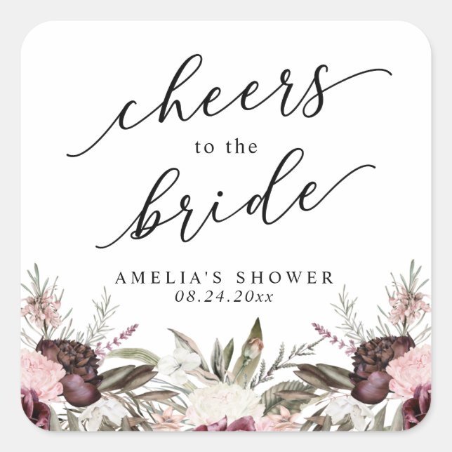 Burgundy Boho Floral Bridal Shower Square Sticker (Front)