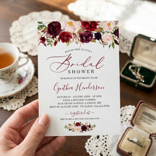 Burgundy Boho Floral Calligraphy Bridal Shower Invitation