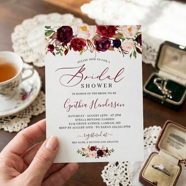 Burgundy Boho Floral Calligraphy Bridal Shower Invitation (Creator Uploaded)