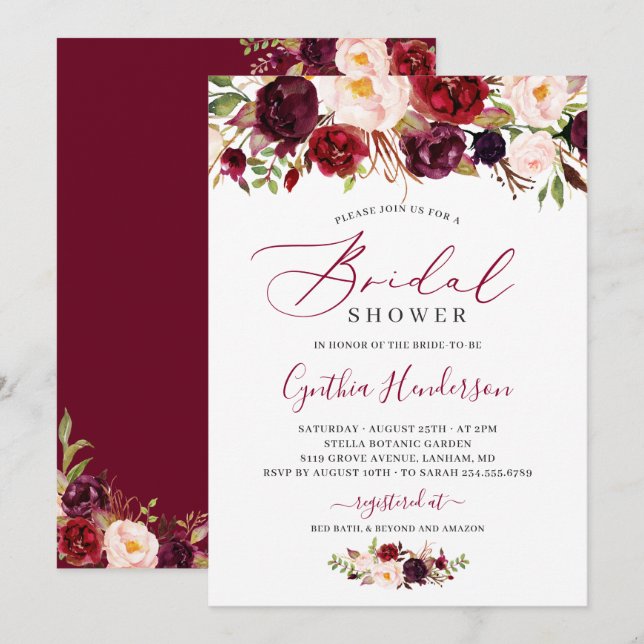 Burgundy Boho Floral Calligraphy Bridal Shower Invitation (Front/Back)
