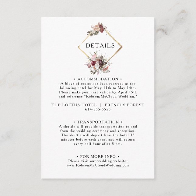Burgundy Boho Floral Details Enclosure Card (Front)