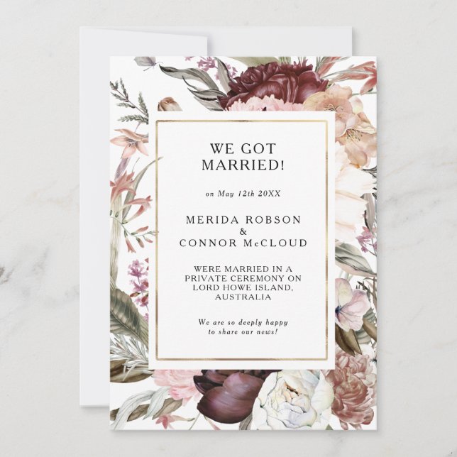 Burgundy Boho Floral Elopement Announcement (Front)