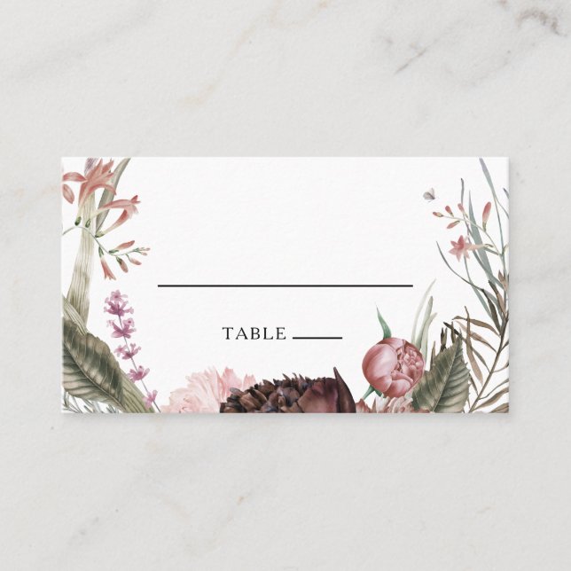 Burgundy Boho Floral Flat Wedding Place Card (Front)