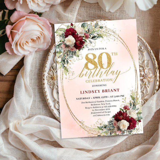 Burgundy Boho Floral Gold Frame 80th Birthday  Invitation (Burgundy Boho Floral Gold Frame 80th Birthday Invite)