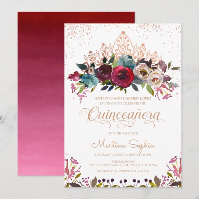 Burgundy Boho Floral & Gold Tiara Quinceanera Invitation (Front/Back)