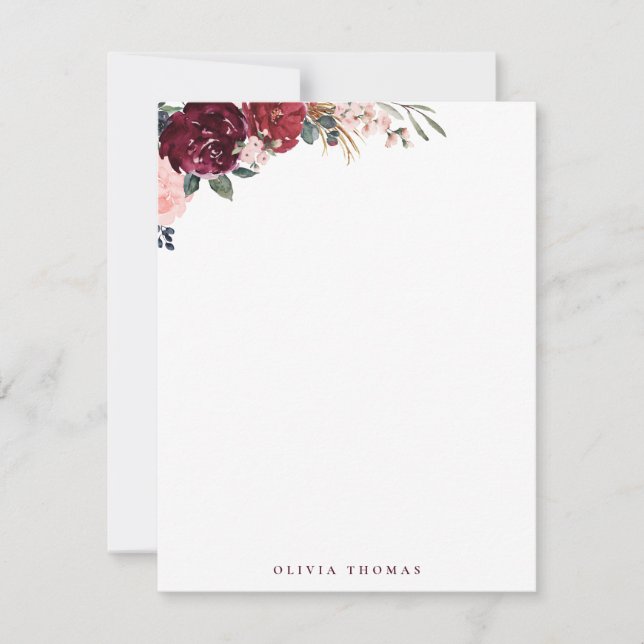 Burgundy boho floral personalised Stationery Card (Front)