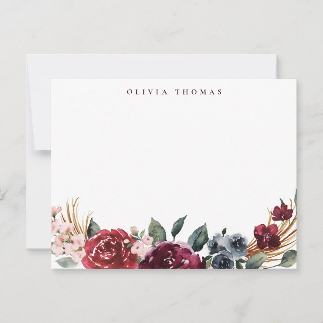 Burgundy boho floral personalised Stationery Card (Front)