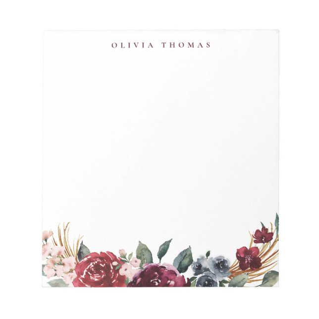 Burgundy boho floral personalised Stationery Notepad (Front)