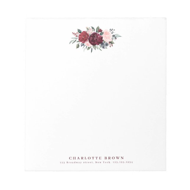 Burgundy boho floral personalised Stationery Notepad (Front)