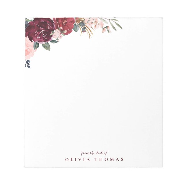Burgundy boho floral personalised Stationery Notepad (Front)