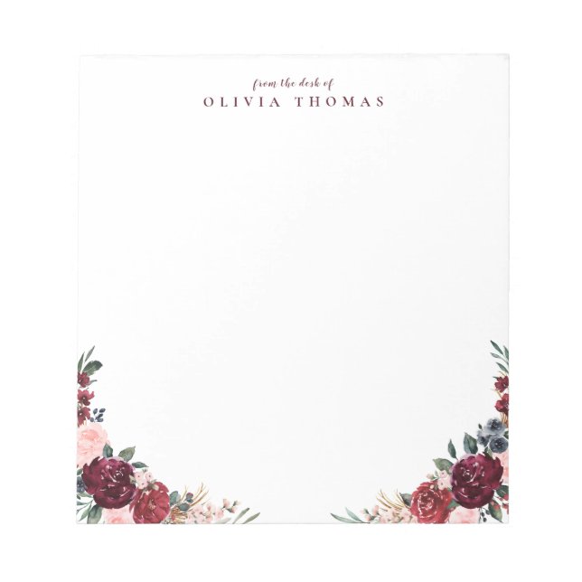 Burgundy boho floral personalised Stationery Notepad (Front)