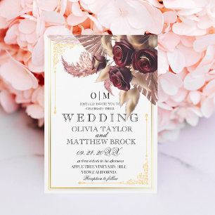 Burgundy Boho Floral red roses  pampas Wedding Invitation