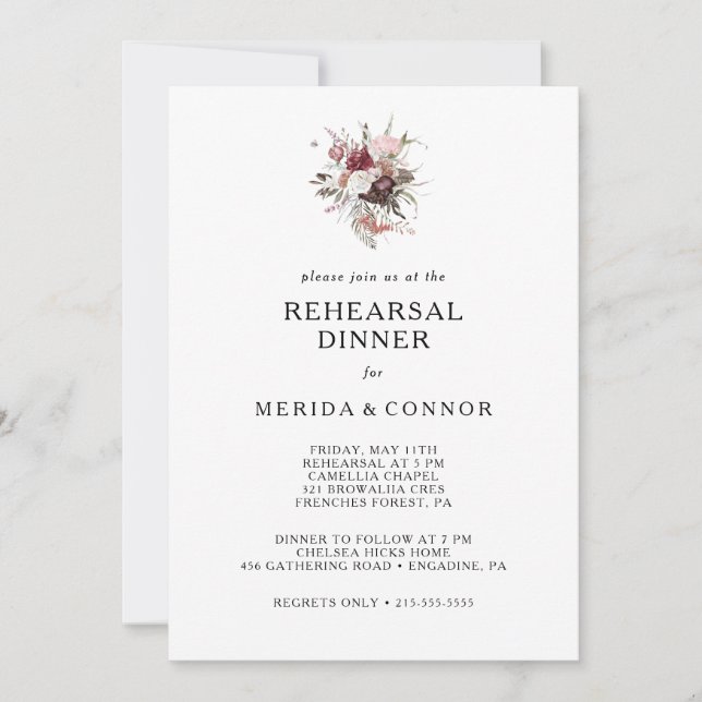 Burgundy Boho Floral Rehearsal Dinner Invitation (Front)